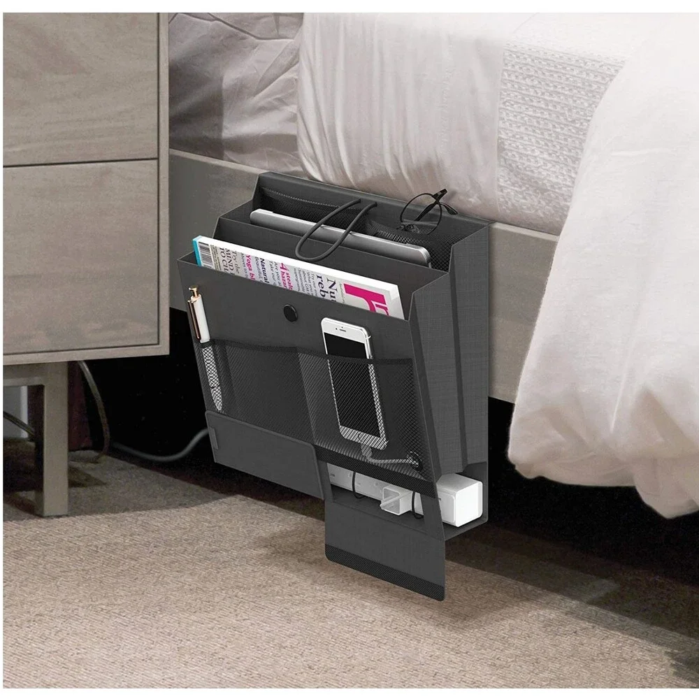 Grey Bedside Caddy Organizer Mattress Flap Hanging Power Strip Charging Pouch